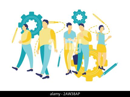 Flache Vektorgrafiken. Die Leute gehen vor dem Büro. Die Leute gehen während des Gesprächs. Einfacher Illustrationsvektor. Stock Vektor