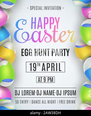 Flyer zur Osterparty. Eierjagd. Eier mit bunten Wellen. Flüssiges Design. Einladung zum Club. Festliche Vorlage für Ihr Design. Vektor illusstra Stock Vektor