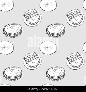Fladenbrot nahtlose Graustufenzeichnung. Geeignet für Tapeten oder Dekorationen in beliebiger Größe. Handgezeichnete Vektorgrafiken Stock Vektor