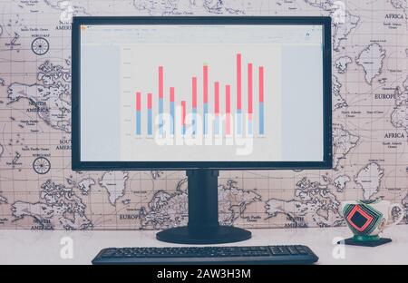 Computerdesktop mit Diagrammen, Tastatur und Kaffeebecher auf weißem Tisch im sonnigen Zimmer, verspotten. Hintergrund der Weltkarte. Heller Bildschirm. Retro-Look. Stockfoto