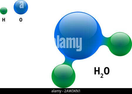 Chemie-Modell Molekül Wasser H2O wissenschaftlichen Element Formel. Integrierte Partikel natürliche anorganische 3d-Molekülstruktur bestehend. Zwei Wasserstoff und Sauerstoff Volumen Atom Vektor isolierte Kugeln Stock Vektor