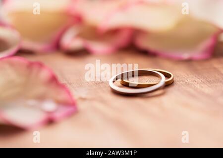 Selektiv fokussierte Hochzeitsringe mit verschwommenen rosafarbenen Rosenblättern. Romantisches Hintergrundkonzept zum Valentinstag für Cover, Banner, Einladungskarte. Stockfoto