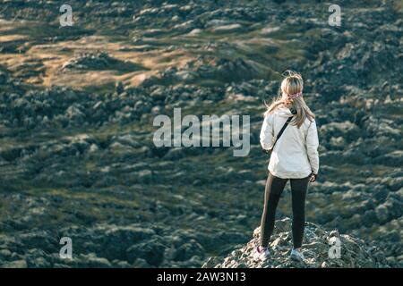 Beobachten des Laugahraun Lava Flow Stockfoto