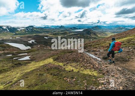 Rucksackreisen in Alftavatn Stockfoto