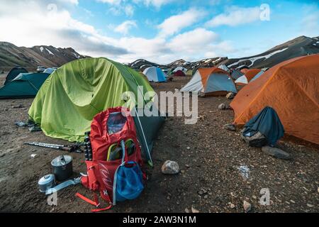 Rucksack im Tent City Stockfoto