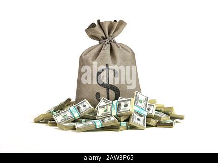 Geldbeutel mit vielen Geldbeuteln davor. 3D-Darstellung auf weißem Hintergrund. Stockfoto