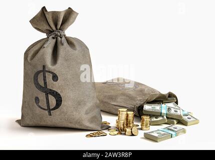 Geldbeutel, eins mit Waden aus Banknoten und goldenen Münzen stapeln. 3D-Darstellung auf weißem Hintergrund. Stockfoto