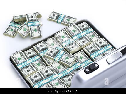 Aktenkoffer geöffnet, voll mit USD-Banknoten. Wads von 100 USD. Von oben betrachtet. 3D-Darstellung auf weißem Hintergrund. Stockfoto