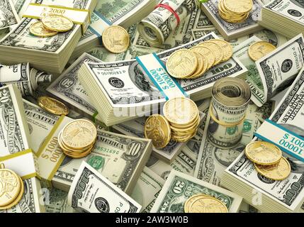 Geld. Gemischte Werbungen von USD-Banknoten und einigen Goldmünzen. Nahansicht von oben. 3D-Abbildung. Stockfoto