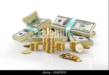 Geld. Eine Gruppe von 100 USD-Banknoten und einige Stapel Goldmünzen. 3D-Darstellung auf weißem Hintergrund. Stockfoto