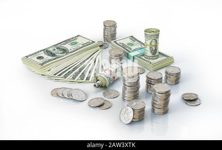 Geld. Gemischte Werbungen von USD-Banknoten und einigen Silbermünzenstapeln. 3D-Darstellung auf weißem Hintergrund. Stockfoto