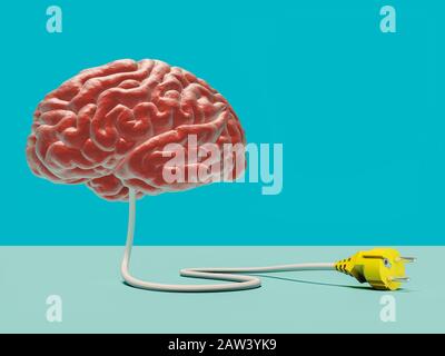 Konzeptionelles 3D-Renderbild eines Gehirns mit einem Draht und einem abgelösten Stecker. Konzept der kollektiven Intelligenz und Desinformation.
