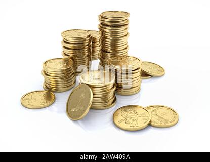 Geld. Stapel von Goldmünzen in US-Dollar. 3D-Darstellung auf weißem Hintergrund. Stockfoto