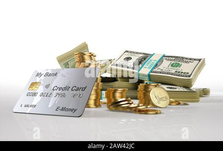 Geld. 100-USD-Banknoten, Goldmünzen und Kreditkarten. 3D-Darstellung auf weißem Hintergrund. Stockfoto