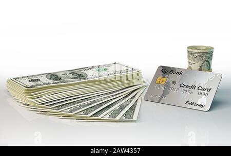Geld. 100 USD Banknoten WAD, Roll und Kreditkarte. 3D-Darstellung auf weißem Hintergrund. Stockfoto