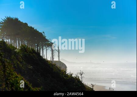 Nördlich von Newport, Oregon entlang des Highway 101 kann man durch einen leichten Nebel den Leuchtturm am Yaquina Head Lighthouse sehen. Stockfoto