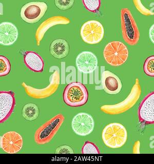Nahtloses Muster mit gelben Bananen, Passionsfrucht, Papaya, Zitrone, Kiwi, Pitahaya und Limette. Süße Aquarellfrüchte. Helle Darstellung der Sommer-fru Stockfoto