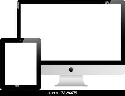 Tablet- und Desktop-Computer mit weißem Bildschirm auf weißem Hintergrund. Stock Vektor