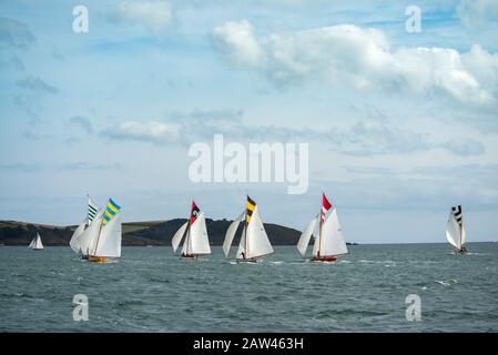 Bunte Gruppe von Falmouth Arbeitsbooten in voller Höhe segeln in der Falmouth-Flussmünde in einer brishen Brise, Sonne und Wolke aus, einzigartige topsegelfarben fliegen Stockfoto