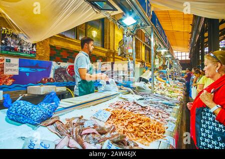 Jerez, SPANIEN - 20. SEPTEMBER 2019: Das lebhafte Leben des zentralen Abastos-Marktes, voller Besucher, der frischen Fischfang, importierte Produkte, differe wählt Stockfoto