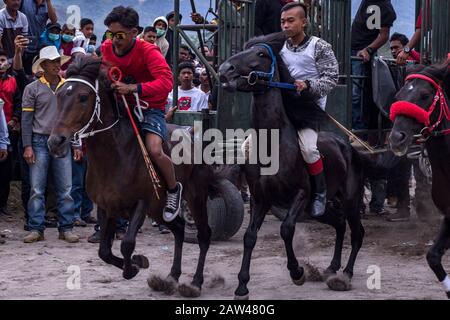 Junge Jockeys Rennen auf der HM Hasan, Blang Bebangka, Central Aceh District, Provinz Aceh, Indonesien, Sonntag, 1. September 2019. Gayo traditionelle Pferderennen sind seit der holländischen Kolonialzeit, Gayo Traditional Horse Race wird zweimal jährlich in Central Aceh Regency abgehalten, um dem Takengon Stadtjubiläum zu gedenken und dem Jahrestag der Republik Indonesien zu gedenken. Die kleinen Jockeys beim Reiten von Pferden ohne Sättel, und diese Pferde sind das Ergebnis der Kreuzung australischer Pferde und kleiner Gayo-Pferde, jetzt haben die Gayo-Pferde begonnen, hoch zu steigen. Stockfoto