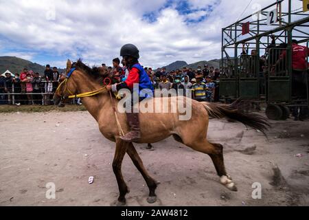 Junge Jockeys Rennen auf der HM Hasan, Blang Bebangka, Central Aceh District, Provinz Aceh, Indonesien, Sonntag, 1. September 2019. Gayo traditionelle Pferderennen sind seit der holländischen Kolonialzeit, Gayo Traditional Horse Race wird zweimal jährlich in Central Aceh Regency abgehalten, um dem Takengon Stadtjubiläum zu gedenken und dem Jahrestag der Republik Indonesien zu gedenken. Die kleinen Jockeys beim Reiten von Pferden ohne Sättel, und diese Pferde sind das Ergebnis der Kreuzung australischer Pferde und kleiner Gayo-Pferde, jetzt haben die Gayo-Pferde begonnen, hoch zu steigen. Stockfoto