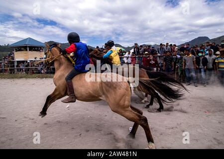 Junge Jockeys Rennen auf der HM Hasan, Blang Bebangka, Central Aceh District, Provinz Aceh, Indonesien, Sonntag, 1. September 2019. Gayo traditionelle Pferderennen sind seit der holländischen Kolonialzeit, Gayo Traditional Horse Race wird zweimal jährlich in Central Aceh Regency abgehalten, um dem Takengon Stadtjubiläum zu gedenken und dem Jahrestag der Republik Indonesien zu gedenken. Die kleinen Jockeys beim Reiten von Pferden ohne Sättel, und diese Pferde sind das Ergebnis der Kreuzung australischer Pferde und kleiner Gayo-Pferde, jetzt haben die Gayo-Pferde begonnen, hoch zu steigen. Stockfoto