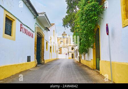 Jerez, SPANIEN - 20. SEPTEMBER 2019: Gehen Sie die Straße Calle San Ildefonso zu den ältesten Weingütern von Jerez, berühmt für erlesene Sherry-Weine, am 20. September Stockfoto