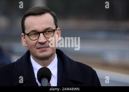 Polen,SILESIA- 25. November 2019: Ministerpräsident Mateusz Morawiecki ein neuer Abschnitt der Amber Autobahn (Autostrada Bursztynowa) A1 um Stockfoto