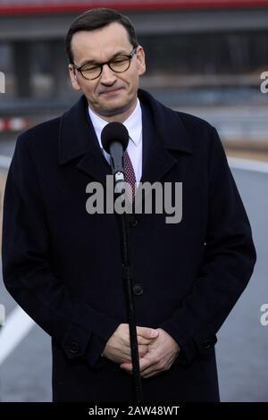 Polen,SILESIA- 25. November 2019: Ministerpräsident Mateusz Morawiecki ein neuer Abschnitt der Amber Autobahn (Autostrada Bursztynowa) A1 um Stockfoto