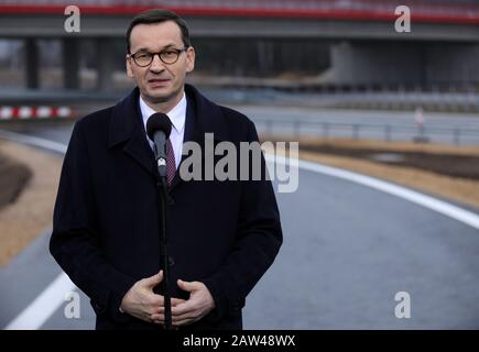 Polen,SILESIA- 25. November 2019: Ministerpräsident Mateusz Morawiecki ein neuer Abschnitt der Amber Autobahn (Autostrada Bursztynowa) A1 um Stockfoto