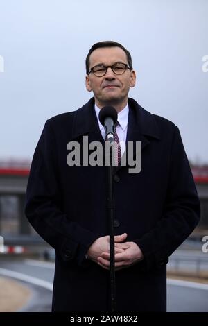 Polen,SILESIA- 25. November 2019: Ministerpräsident Mateusz Morawiecki ein neuer Abschnitt der Amber Autobahn (Autostrada Bursztynowa) A1 um Stockfoto