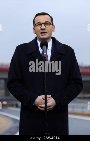 Polen,SILESIA- 25. November 2019: Ministerpräsident Mateusz Morawiecki ein neuer Abschnitt der Amber Autobahn (Autostrada Bursztynowa) A1 um Stockfoto