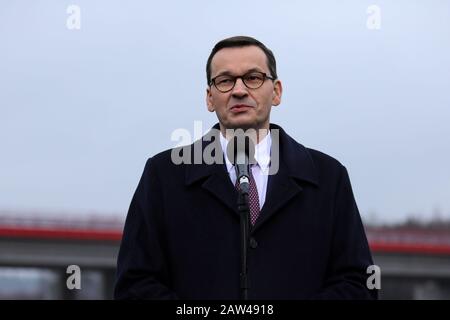 Polen,SILESIA- 25. November 2019: Ministerpräsident Mateusz Morawiecki ein neuer Abschnitt der Amber Autobahn (Autostrada Bursztynowa) A1 um Stockfoto