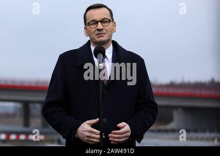 Polen,SILESIA- 25. November 2019: Ministerpräsident Mateusz Morawiecki ein neuer Abschnitt der Amber Autobahn (Autostrada Bursztynowa) A1 um Stockfoto