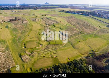 Luftansicht des Muirfield Golf Course in Gullane, East Lothian, Schottland, Großbritannien Stockfoto