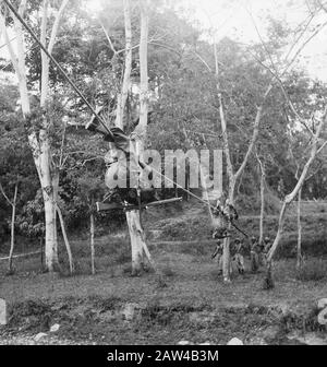 Ausbildung des Infanteriedepots KNIL Rantepao (Sulawesi) Rantepao ein Ort in der Mitte der Celebes [Hauptstadt der Toradja-Länder] hat nur den Namen erhalten, indem er für Rekruten ausgebildet wurde, die sich in der Stadt befinden. Die meisten Ausgaben für die unbewaffnete Selbstverteidigung sind eine große Aufmerksamkeit. Hier die Schulung zu Makale. Die Rekruten lernen ein Seil über den Fluss bis zum Stichtag: 4. November 1948 Ort: Indonesien Niederländische Ostindien Stockfoto