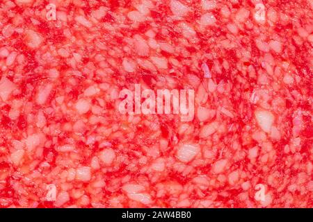 Nahaufnahme von rosafarbener appetitlicher Salamiwurst mit weißen Fettkreisen. Stockfoto