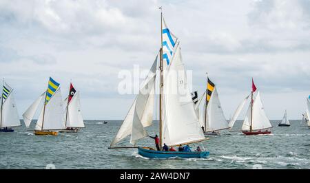 Traditionelle Falmouth-Arbeitsboote im Vollsegel in den Breezes der Fal-Flussmündungsrennen gegeneinander. Jedes Boot hat einzigartige Segelfarben Stockfoto