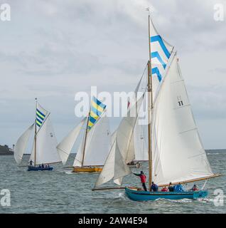 Traditionelle Falmouth-Arbeitsboote im Vollsegel in den Breezes der Fal-Flussmündungsrennen gegeneinander. Jedes Boot hat einzigartige Segelfarben Stockfoto