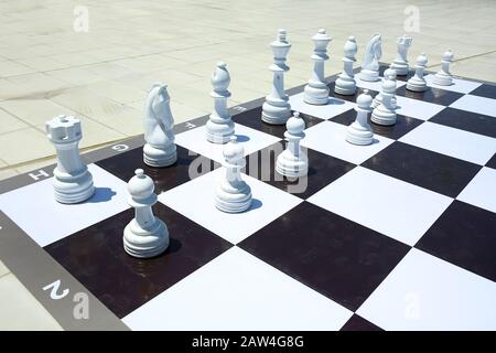 Textur, Hintergrund. Hintergrund. Großes Schach im Park. Großes Schachspiel auf dem Boden im Park. Große Schachfiguren, Die Auf dem Boden Spielen. Riese Stockfoto