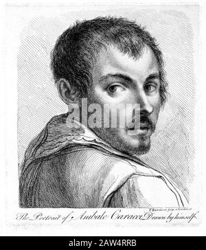 1600 Ca, ITALIEN: Der zelebriere italienische Maler ANNIBALE CarracCI (* 1560; † 1609 in Rom). Graviertes Porträt aus dem Jahr 187, ca. von Francesco Bartolozzi aus einer se Stockfoto