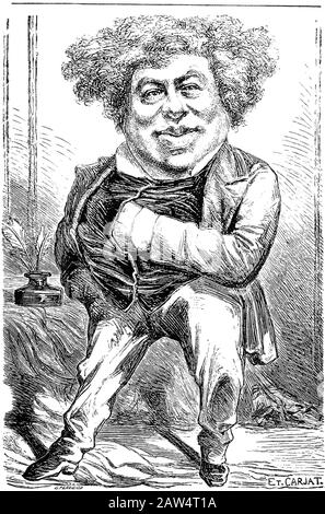 1865 Ca, PARIS, FRANKREICH: Der gefeierte französische Schriftsteller ALEXANDRE DUMAS Pére (* 1802; † 1870) . Graviertes Porträt aus dem Original-Cartoon von Caricat Stockfoto