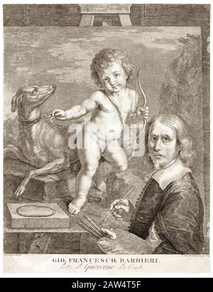 1.650 CA, ITALIEN: Der italienische Maler des Barock GIOVANNI FRANCESCO BARBIERI alias IL GUERCINO (* 1591; † 1666). Graviertes Porträt von FRANCCCESCO BARTOLOZZ Stockfoto