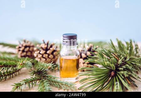 Aromaölflasche aus Kiefer und Tannenbaum mit Kiefern und Tannenästen zur Dekoration auf Holzhintergrund. Ätherisches Ölkonzept. Stockfoto