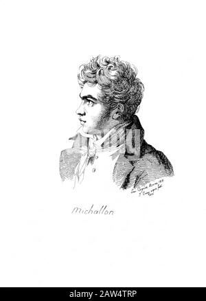 187, Paris, FRANKREICH: Der französische Maler Achille-Etna MICHALLON (* 1796 in Paris; † 1822 in Paris). Porträt von Leon Cogniet, Rom, im Jahre 181, eingraviert von J. Coiny in Stockfoto