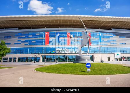 Sinsheim, Deutschland - 4. Mai 2014: Rhein-Neckar-Arena - das Stadion war für Gruppenspiele Standort des Fußball-Weltcups 2006. Stockfoto