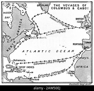 1931 : Der italienische Esplorer CHRISTOPH KOLUMBUS ( CRISTOFORO COLOMBO , 1451 - 1506 ). Karte der Reisen von Kolumbus und Cabot. Aus dem Buch ' Sket Stockfoto