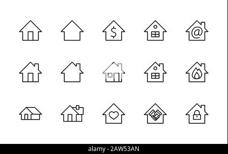 Set of House Vector Home Line Icons. Enthält Symbole für Vertragsabschluss, Herz, Wassertropfen, Feuer, Geld und mehr. Bearbeitbarer Strich. 32 x 32 Stock Vektor