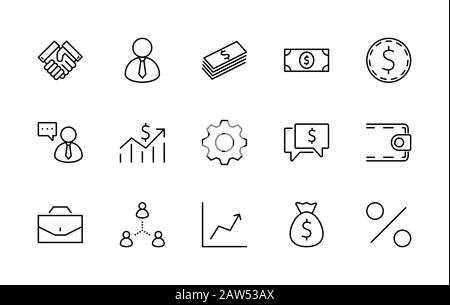 Satz von Symbolen für Business Vector-Linien. Es enthält Symbole für einen Handschlag, einen Benutzer, Dollar-Piktogramme, Zahnräder, einen Aktenkoffer, eine Geldtasche, einen Zeitplan und Stock Vektor